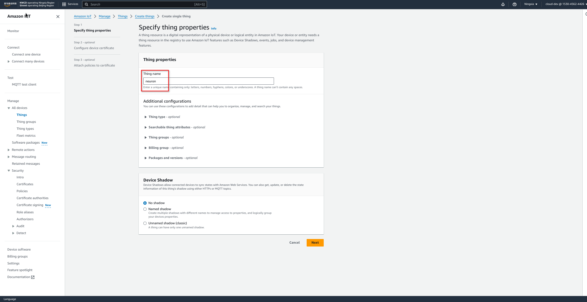 AWS IoT create thing